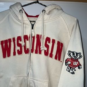 Creme Wisconsin Badgers Sweatshirt: Name & Badger Logo Full-Zip Hoodie